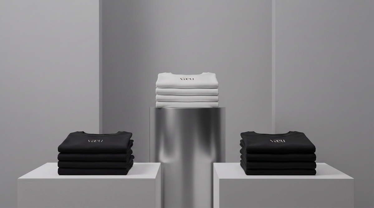 Folded vaeu t-shirts in black and white displayed on minimalist studio pedestals