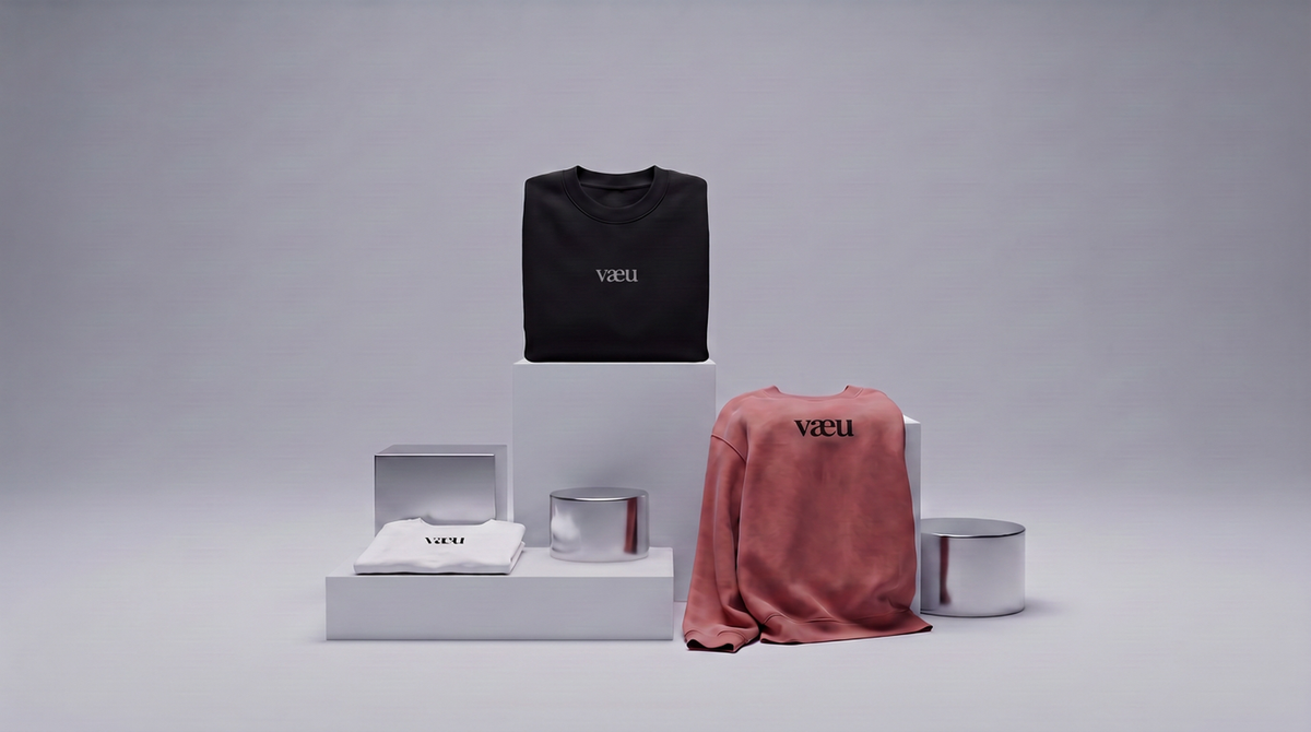 vaeu black and dusty rose sweatshirts displayed on minimalist studio pedestals