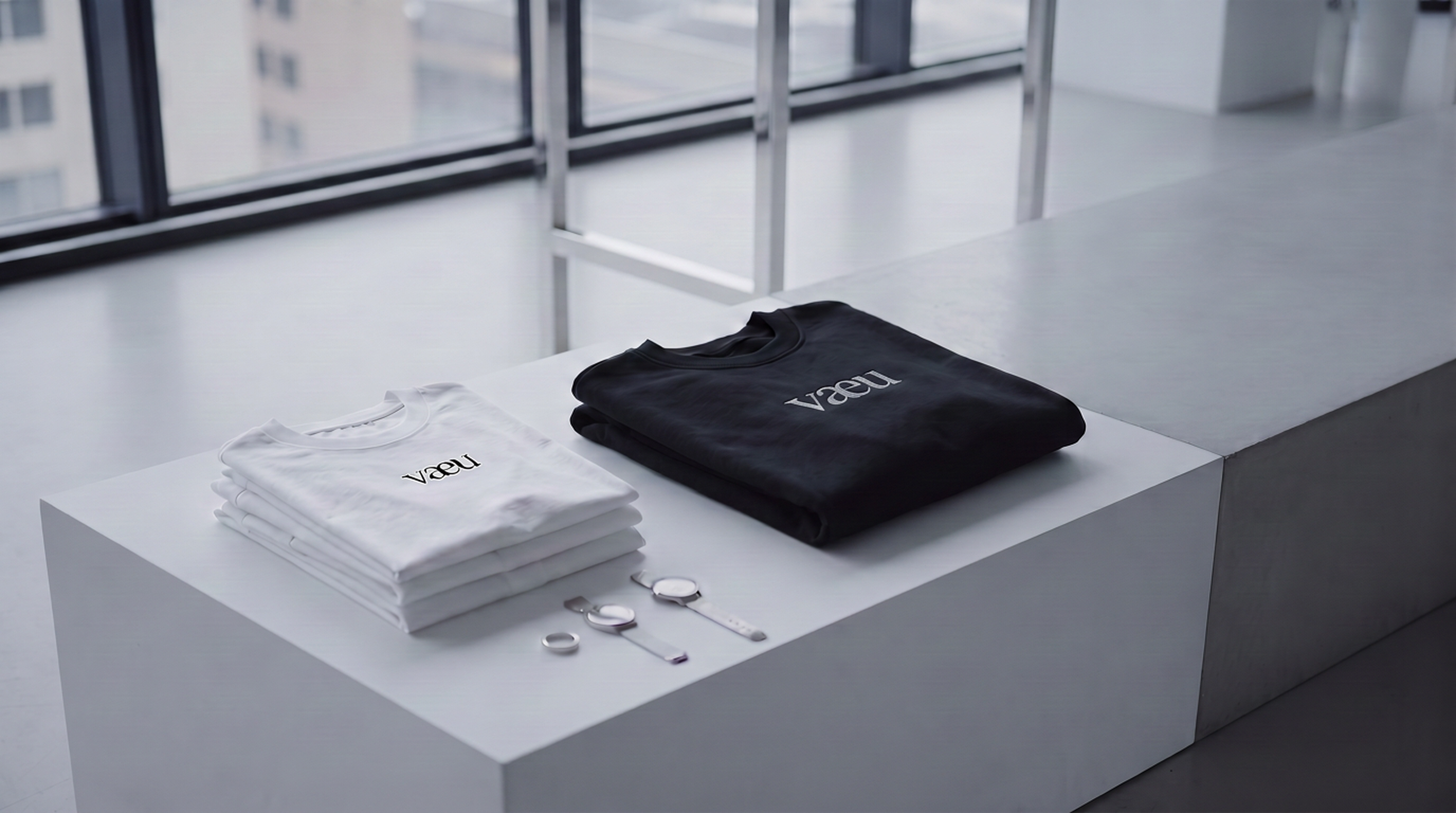 vaeu white tee and black sweatshirt in an Urban Silence studio setting